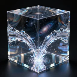 two flows of energy touching each other, in a transparent cube. inside the cube, on its surfaces, a black hole devouring stars and galaxies, wide angle, cube, transparent, electroluminescence, reflective, glassy, mirror, electric, lightning, ray tracing reflections, fxaa, insanely detailed and intricate, hypermaximalist, elegant, ornate, hyper realistic, super detailed