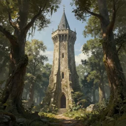 an archaic tower looming over a grove of ancient trees, realistic digital painting, medieval fantasy, very detailed