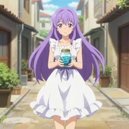full body mature anime waifu woman saeko busujima with lavender hair white ruffly dress, holding jarred ocean. spanish ghibli alleyway. symmetrical face. symmetrical detailed defined eyes. isekai background style.