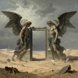 two angels guarding the massive gates of hell in a vast deserts of the dead in the style of gustave dore, overcast, dramatic lighting, epic, photorealistic, gustave dore, soey milk, john martin, peter mohrbacher, james gurney, trending on artstation