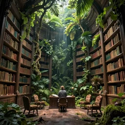 a ( ( decaying old library ) ) with a rainforest growing inside, highly detailed, intricate detail, magical lighting, dramatic scenery, beautiful 3 d rendering, octane render, trending on artstation