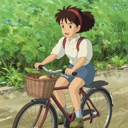 a young filipino girl riding a bike with a basket, art by hayao miyazaki, studio ghibli film, hi res, 4k