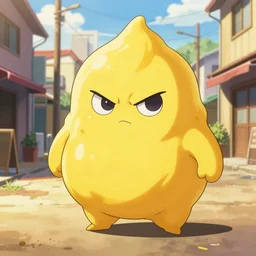the mayo man, angular sharp pointy humanoid blob of mayonnaise, angry eyes, shaded out eyes, 2 0 0 1 anime, flcl, golden hour, japanese town, cel - shaded, strong shadows, vivid hues, y 2 k aesthetic