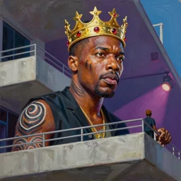 palette knife oil painting portrait of malcolm x, a king - with gold crown with rubies, man in mafia wear and australian aboriginal body paint, concrete balcony, nightclub, artstation trending, artgerm, any racial background, deviant art, hipster, octane, substance, art history 8 k