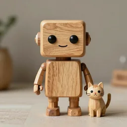 8k octan advertising photo a totally wooden sculpture on feet very cute robot zen with cat