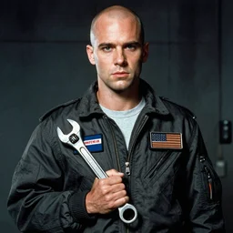 young Michael Biehn in Alien 3, bald, wearing a Flight Jacket and holding a wrench, 1991 directed by David Fincher
