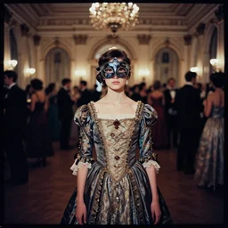 lomography, full body portrait photo of a young reol in a wide victorian ballroom interior at a crowded masquerade party, wearing an ornate dress designed by antoni gaude, moody, realistic, dark, skin tinted a warm tone, light blue filter, hdr, rounded eyes,, detailed facial features