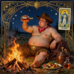 a dramatic, epic, ethereal painting of a !!handsome!! chubby mischievous shirtless cowboy with a beer belly wearing a large belt and bandana offering a whiskey bottle | he is relaxing by a campfire | background is a late night with food and jugs of whisky | homoerotic | stars, tarot card, art deco, art nouveau, intricate | by Mark Maggiori (((and Alphonse Mucha))) | trending on artstation
