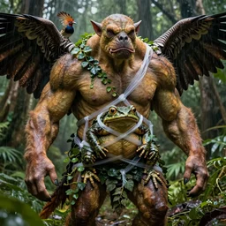 a high resolution realistic displacement portrait of an ork in a rainforest, muscles normal map creature made of doglike class aves skin veins merged frog, bump map strangled by plastic wrap bower bird creature wrinkles pheasant, ivy complex feathers exotic morphing hoopoe, zebra morphing wings king vulture head
