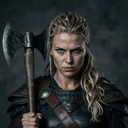 A head and shoulders portrait of a fierce female viking warrior holding an axe