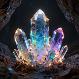 Colorful crystals glowing in a dark cave, Octane Render, Digital Art