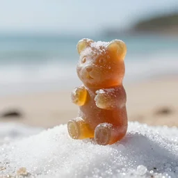 5 5 mm macro photo of an lifesize magical gummi bear standing, holding out its hands for a hug, on the gentle hill of white sugar. at the beach. dof. bokeh. by chris foss. sharp focus, highly detailed 8 k. intricate. lifelike. soft light. cinematic lighting.