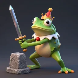 clown frog king pulls the sword from the stone, artwork by Todd Schorr, 3D rendering by Beeple