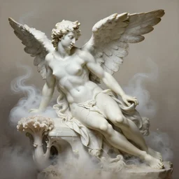 realistic digital painting of a stunning intricate cracked white marble falling angel with face of an piero angela open mouth bernini sculpture, trailing white vapor, mycelium stands and misty xparticles neutral tone background, trending on artstation, hyperrealism, matte painting, subsurface scattering