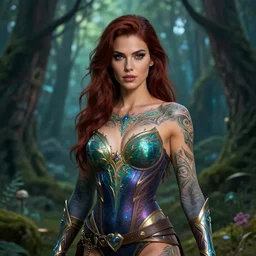 a tattooed beautiful female warrior wearing a magical leotard in a magical forest, hyper realistic face, beautiful eyes, medium shot, fantasy art, in the style of greg rutkowski, illustration, epic, fantasy, intricate, hyper detailed, artstation, concept art, smooth, sharp focus, vibrant