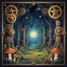 steampunk gears, enchanted cosmic forest, mushrooms on the ground, stars in the sky, psychedelic, wide angle shot, vector art, optical illusion, heavenly, 4 k, fantasy poster by helen huang and frank frazetta and salvador dali