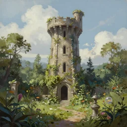 Painting of the abandoned wizard\'s tower in the overgrown garden. Fantasy art.