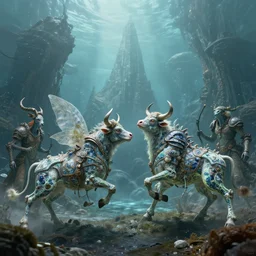 fairy cow fighting reapers from mass effect!, glowing veins, intricate detailed porcelain armor, ocean on alien planet titan, underwater photography, by gerald brom, by mikhail vrubel, by peter elson, muted colors, extreme detail, trending on artstation, 8 k