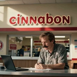gene ( bob odenkirk ) working at cinnabon, moustache, better call saul