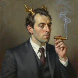 an oil painting portrait of a dragon wearing a suit and smoking a cigar