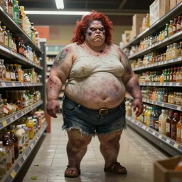 full body pose, hyperrealistic mixed media painting of obese fat angry zombie woman, standing in a supermarket, dim volumetric lighting, 8 k, octane beautifully detailed render, extremely hyper detailed, intricate, epic composition, cinematic lighting, masterpiece, trending on artstation, very very detailed, masterpiece, stunning, hdr, smooth, sharp focus, high resolution, award, winning photo, dslr, 5 0 mm