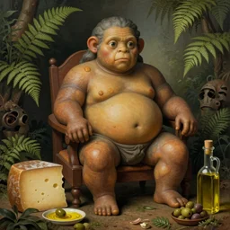 obese ancient creature looking straight at camera, sitting on a small chair, by fernando botero, cheese, oliven oil, grease, food, intricate details