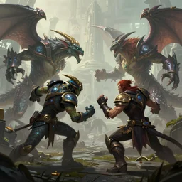 hyperrealism fantasy creatures fight scene with characters from league of legends portrait, by anthony van dyck, digital art, wallpaper of an fantasy fight, background of sci fi city in fog, diffused lighting, extremely detailed, 8 k, sharp, trending dop hdr, film grain, 4 - bit