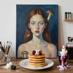 “ sensual, neo - expressionism, surrealism, a portrait in a female art student ’ s apartment, pancakes, mushrooms,, art supplies, a candle dripping white wax, berry juice drips, acrylic and spray paint and oilstick on canvas ”