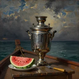 kustodiev beauty with watermelon and samovar on the bow of the ship, a samovar is a metal container traditionally used to heat and boil water, in the style of the pre - raphaelites