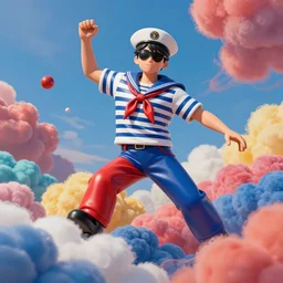 an inspired sailor and colored clouds, colored leatherette, vivid dynamic composition, by jeff koons, by yoro sean, surreal, overblown vibrant colors, masterpiece, physical based rendering, featured on pixiv, octane renderer, trending on pinterest