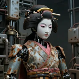 Portrait photo of a slightly rusty, beaten-up Japanese robotic geisha with wires and actuators in a technological mega-structure, dramatic lighting, hyper-realistic, ultra-realistic, concept art, intricate details, 8K Ultra High Definition, digital art