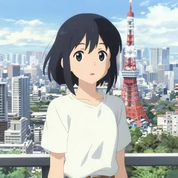 anime visual of a black haired girl wearing shirts on top of tower sightseeing bright day tokyo cityscape by makoto shinkai, cute face by yoh yoshinari, katsura masakazu detailed