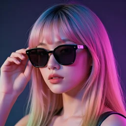 portrait art of an beautiful muted vaporwave ombre retrofuturistic woman wearing oversized sleek euro sunglasses by ken kaneki 8 k ultra realistic, atmosphere, glow, cell shaded, full of colour, cinematic lighting, trending on artstation, 4 k, focused, extreme details, rtx, by patrick nagel, bold clean lines