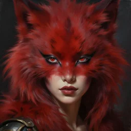 a beautiful woman with red fur on her face, painted by artgerm and tom bagshaw, fantasy art, dramatic lighting, highly detailed oil painting