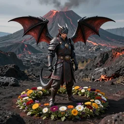 a half - dragon warrior, standing in a volcano landscape, natural lighting, a small circle of flowers around him, very detailed, night, 8 k, by artstation, artgerm