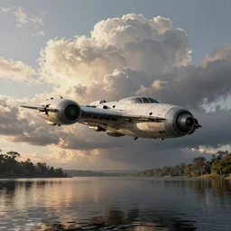 blakes 7 liberator space craft flying low over a lake with relfections pencil sketch evening sunlight, ambient occlusion cinematic volumetric clouds