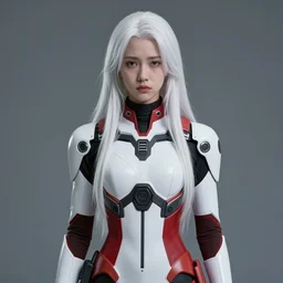 portrait of a woman by ayami kojima, she is about 2 0 years old, white long straight hair, slavic features, very tall and slender, sad look, wearing a futuristic tactical gear colored in white and red, sharp focus, cinematic lighting, artstation hq.