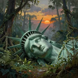 giant cut off statue of libertys head lying sideways on the ground reclaimed by the jungle .surrounded by tall vines in oversized misty jungle, moody sunset and dramatic sky , oil painting by frazetta, low angle, postapocalyptic, cinemascope panorama