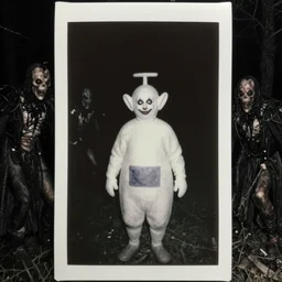vladimir putin demonic horror jester face on four legs, wearing teletubby costume, polaroid black and white picture, night, glowing eyes, creepypasta, in forest 1 9 th century, scary horrifying satanic rituals, hell gate warhammer 4 0 k style