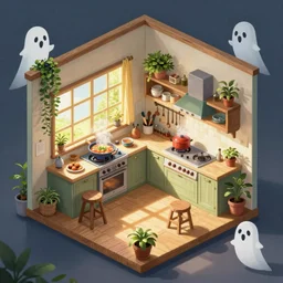 interior design art, isometric, bright window lit kitchen, morning, steaming food on the stove, wooden floors, houseplants, ghosts, cottage decor, anime, trending on pixiv fanbox, painted by greg rutkowski makoto shinkai takashi takeuchi studio ghibli, akihiko yoshida