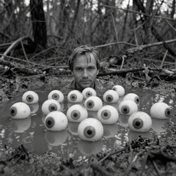 movie still by tarkovsky of 1 0 0 eyesballs floating in mud pond looking at the camera, swamp backround, cinestill 8 0 0 t 3 5 mm b & w, heavy grain, high quality, noir, natural textures, photorealistic, ambient occlusion, hd, ultra wide lens, anamorphic