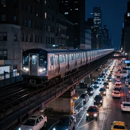 futuristic metro train drives on bridge over busy nyc street full of cars at night, cinematic lighting, still photo