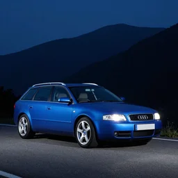 Denim Blue Audi A4 B6 Avant (2002) on a mountain road at night, wide shot