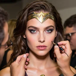 A beautiful portrait of Daria Strokous as Wonder Woman and a model at Maybelline fashion show as a model Spring/Summer 2018, highly detailed, in the style of cinematic, Milan fashion week backstage, Extreme close up, Makeup by Pat McGrath, Hair by Guido Palau, Greg rutkowski