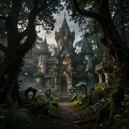 landscape of an european fairyland, ancient, mythical, dark, strange, high contrast, dynamic lights, award winning photo by ansel adams