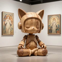 3D octane render ultra 8K photorealistic hyperdetailed unreal engine ,a wooden sculpture ,art toys on feet ,very cute robot mystic with bird and cat ears heroic pose ,zen meditation ,cyberpunk ,concept art ,trending on cgsociety , a on contemporary art gallery and néo Paris by Alphonse Mucha and Robert Crumb
