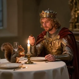 photo of king arthur the legendary british king having a romantic candlelit dinner with a squirrel