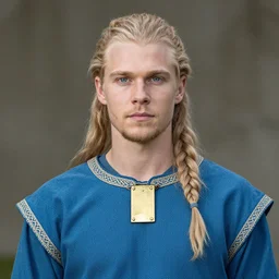 portrait of a young slender blond norse man with long hair in a braid, blue eyes, wearing a blue tunic with gold tablet - woven trim