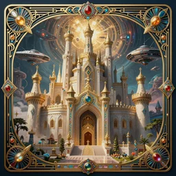frame art deco poster illustration highly detailed ornate with jewels and precious metals majestic in the entrance castle kingdom of shambala as shangri - la, space ships, futuristic, land of advanced races, giants, hollow earth, hiperrealistc, global illumination, radiant light, detailed and intricate environment. art by oleg oprisco, 8 k