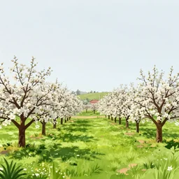 A beautiful illustration depicting a farm scene. The illustration shows a view of an orchard with trees in bloom. ink drawing, illuminated codex gilded by Paul Barson cosy